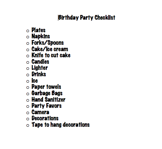 Birthday Party CheckList