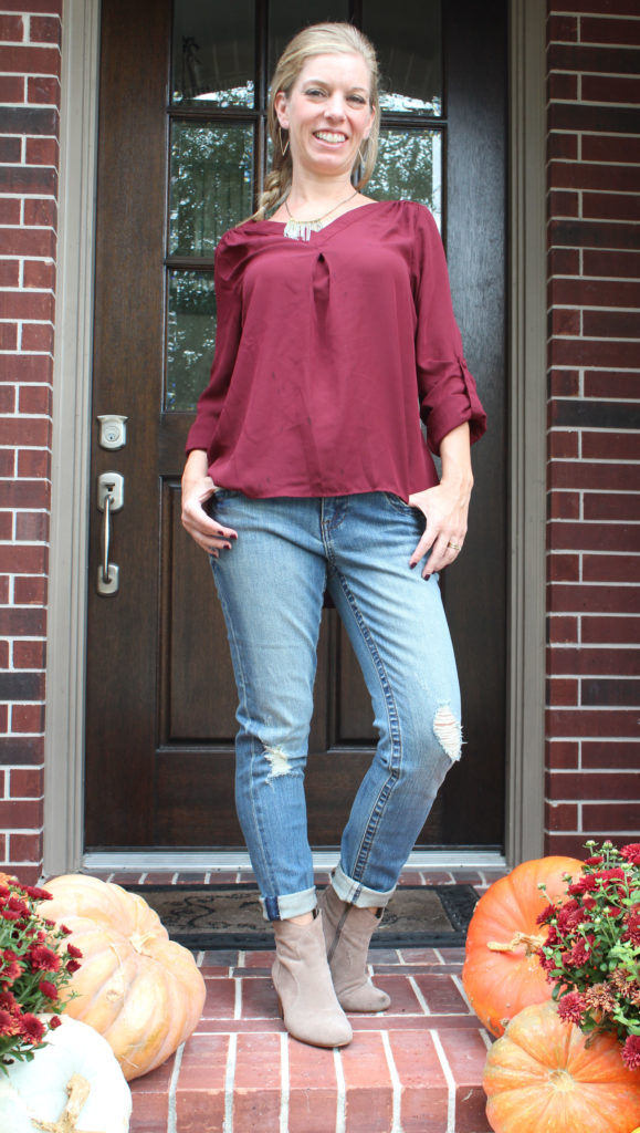 Stitch Fix- Sena Bar Back Blouse by 41Hawthorn and Maribel Distressed Straight Leg Jean by Kut From The Kloth