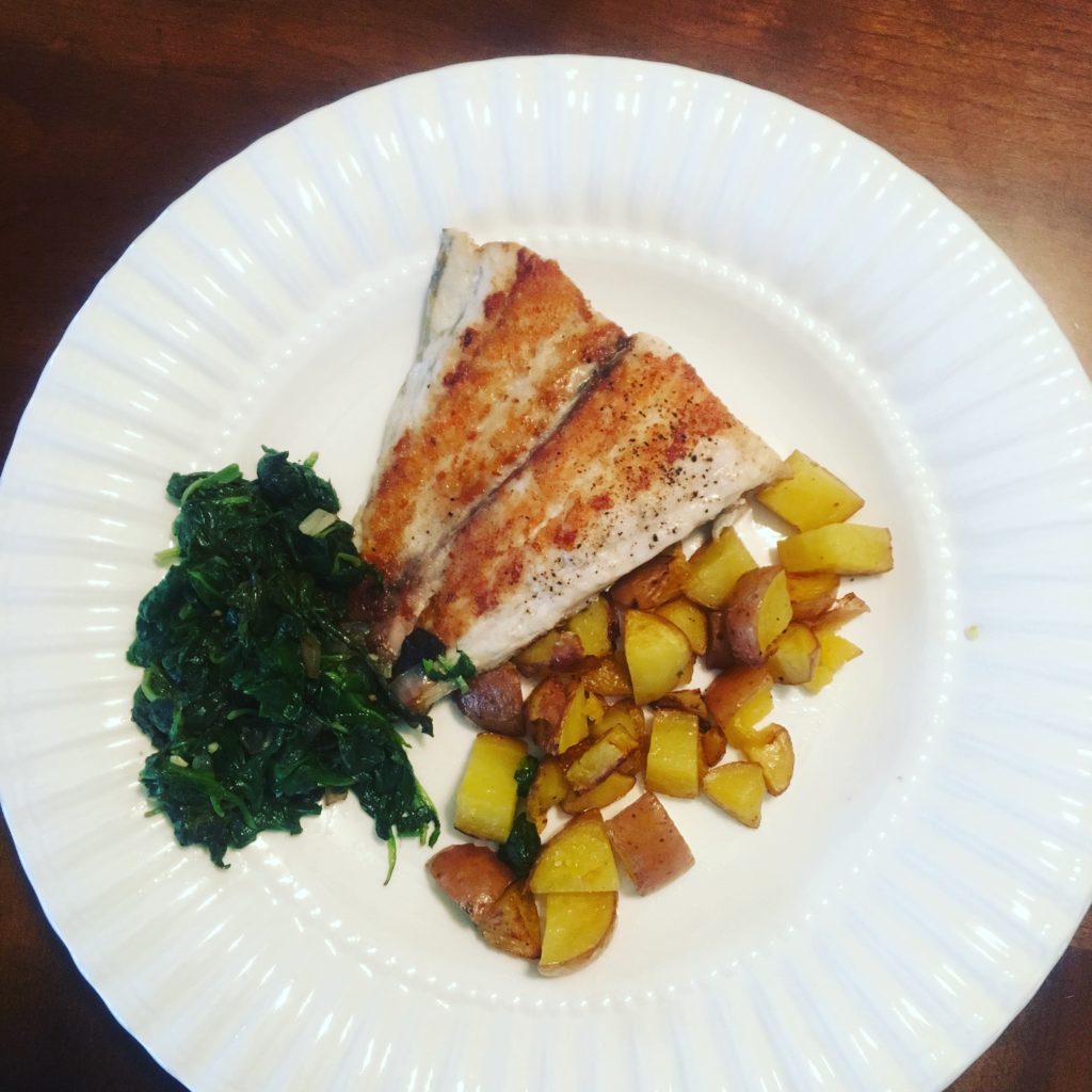 Blue Apron- Pan Seared Barramundi with Potatoes and Spinach