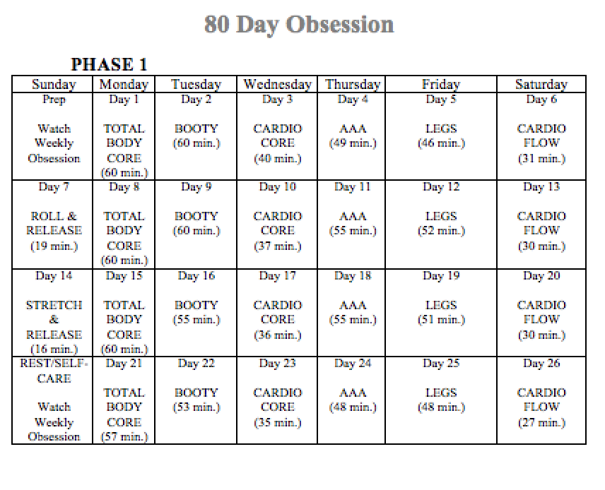 peak week schedule for 80 days obsession