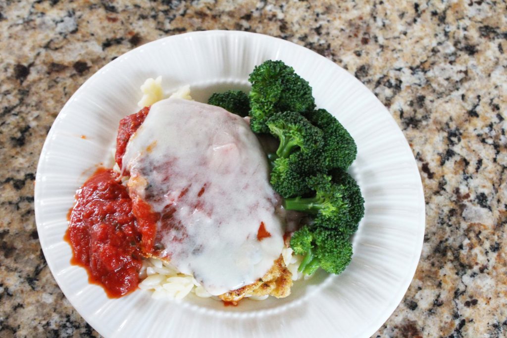 Chicken Parmesan meal- chicken parmesan with orzo and broccoli