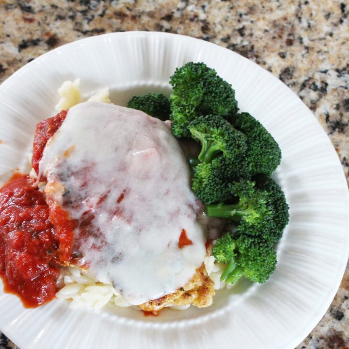 Chicken Parmesan meal- chicken parmesan with orzo and broccoli