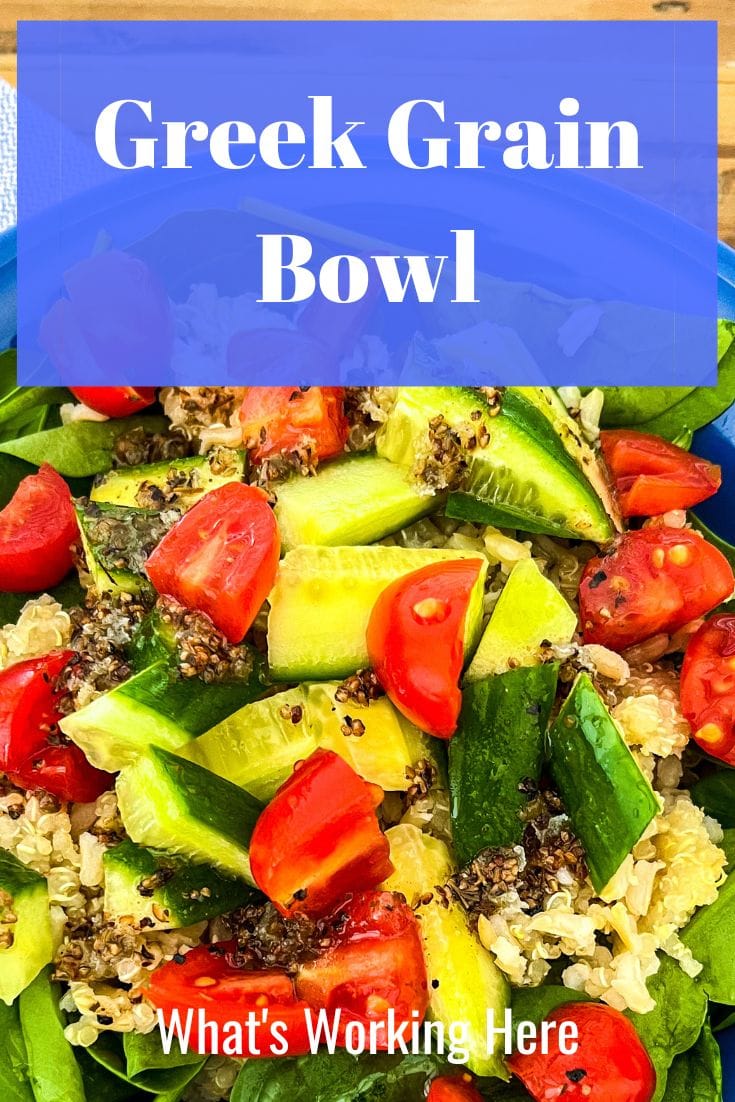 Greek grain bowl quinoa, brown rice, spinach, cucumber, tomato, greek dressing