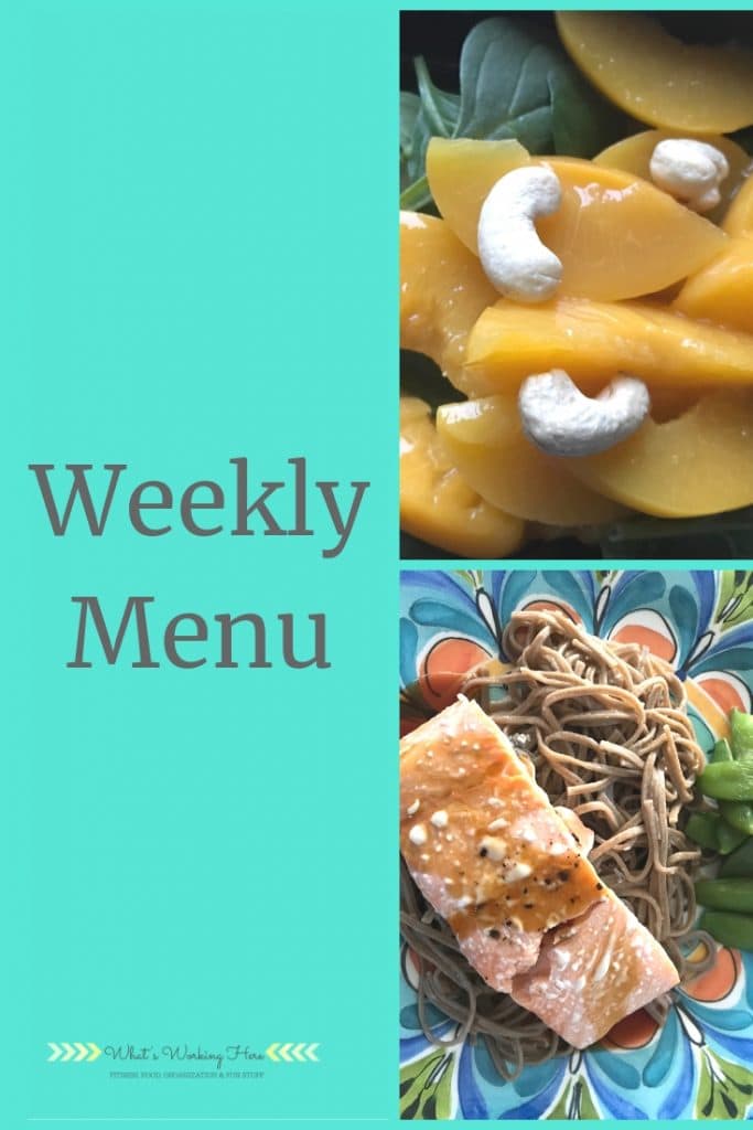 March 17 Weekly Menu - ultimate portion Fix, peach spinach salad with cashews, teriyaki salmon with soba noodles and snap peas