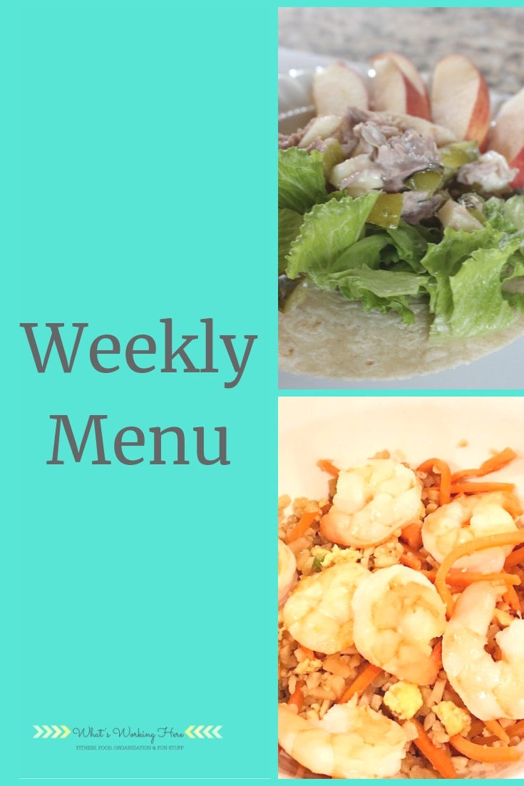 March 31st Weekly Menu - ultimate portion carb cycling modified plan- tuna salad wrap with apple slices, shrimp cauliflower fried rice
