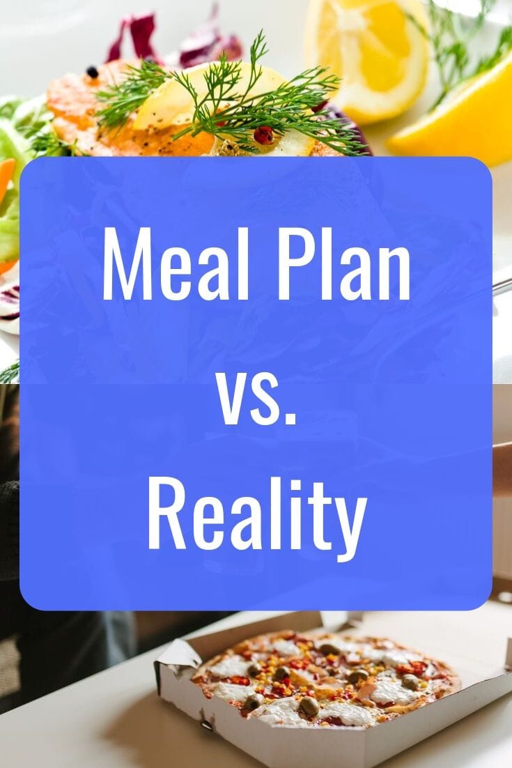 Meal Plan vs Reality - delicious homemade salmon vs ordering pizza