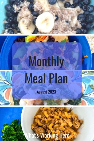 blueberry banana oats, quinoa garden salad, shrimp pesto pasta, beef macaroni, broccoli