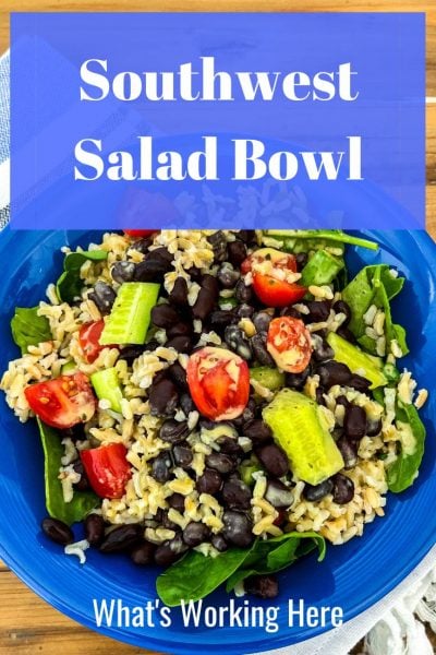 Southwest salad bowl, Black beans, brown rice, lettuce, tomato, spinach, cilantro lime dressing