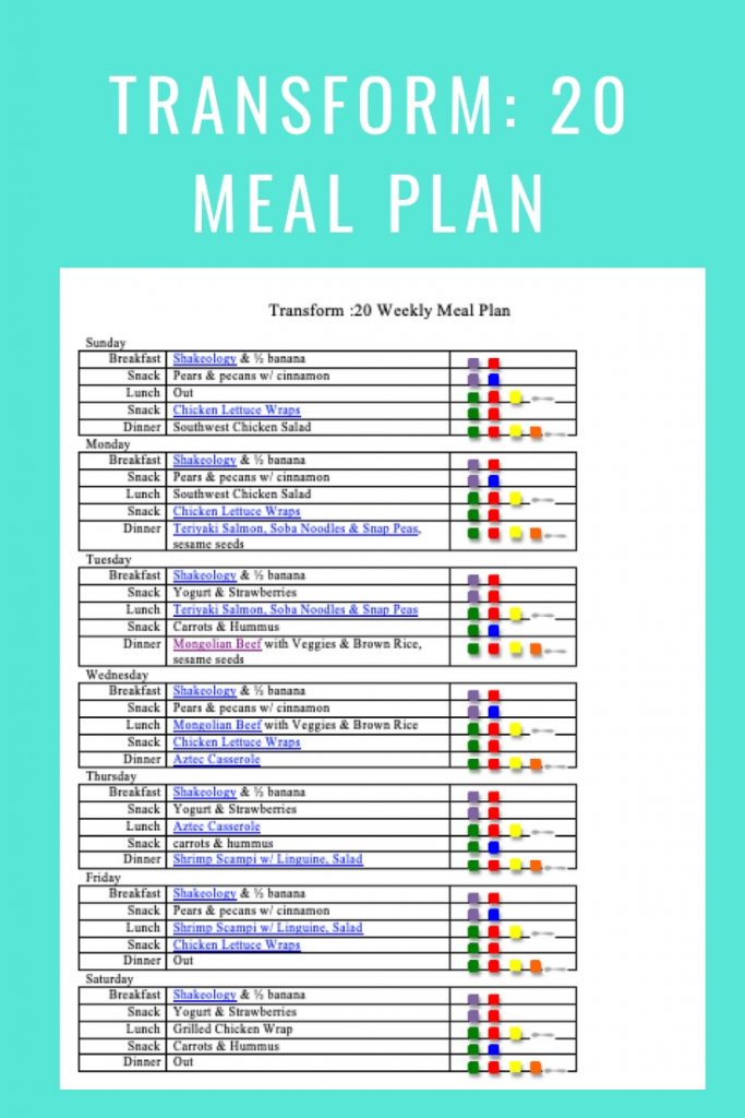 Transform 20 Meal Plan- Feb 10- color coded portion control menu