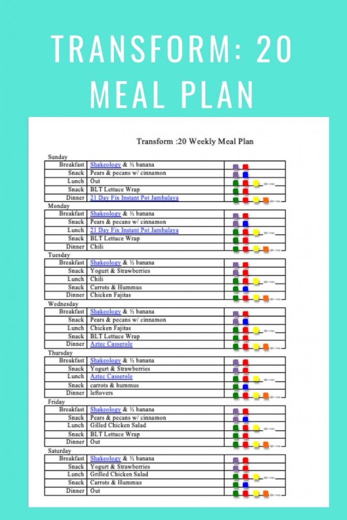 Weekly Menu- Feb 17 - Breakfast, Lunch Dinner & Snacks following Transform :20 meal plan