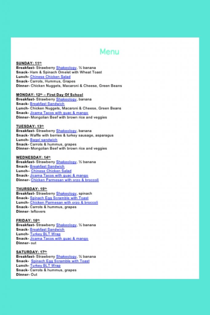 Weekly Menu- Aug 11 - Back to school meal plan
