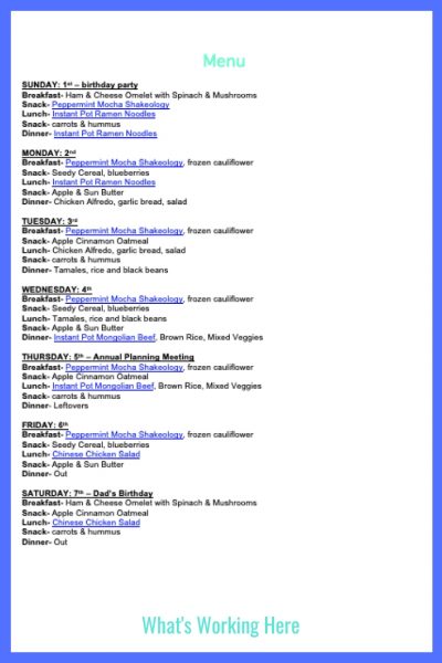Weekly Menu- December 1- breakfast, lunch, dinner & snacks