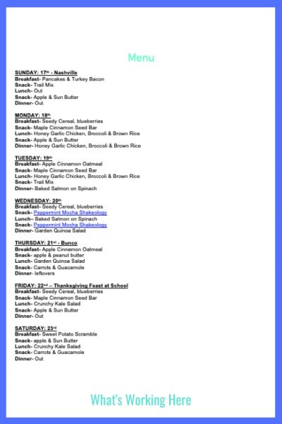 Weekly Menu- breakfast, lunch, dinner & snacks