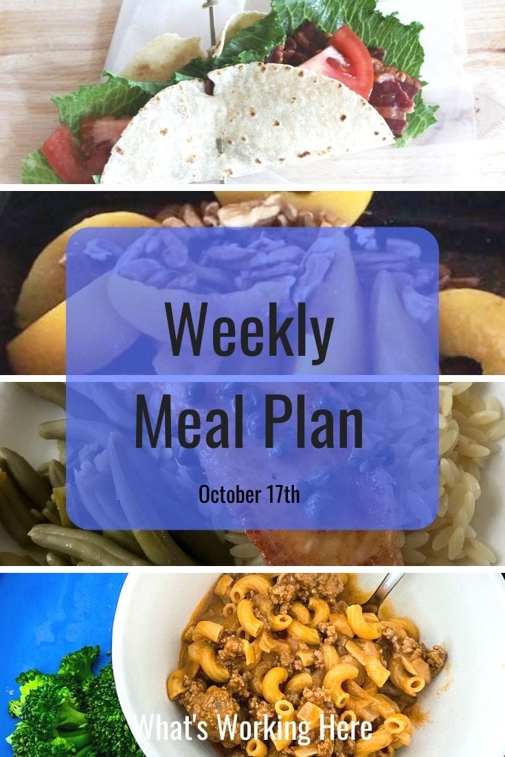 weekly meal plan blt wrap, peaches & pecans, tilapia piccata with orzo and green beans, fixate beef macaroni with broccoli