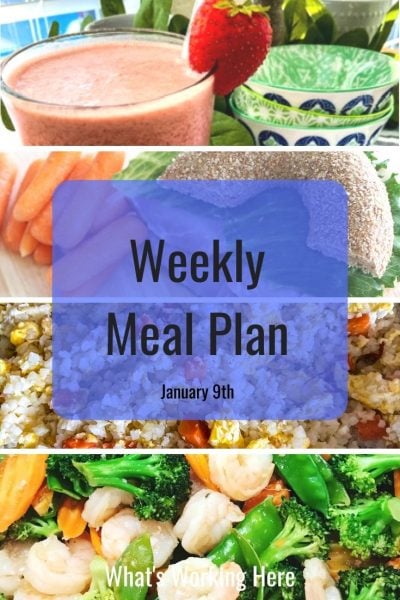 weekly meal plan
strawberry smoothie
bagel sandwich with carrots
cauliflower fried rice
shrimp stir fry