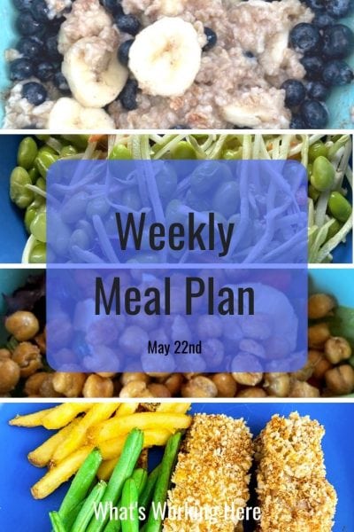 weekly meal plan
banana blueberry oatmeal
asian edamame bowl
chickpea pasta bowl
fish sticks, green beans, french fries
