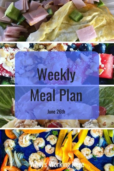 ham and bell pepper omelet
spinach watermelon salad with blueberries and feta
chicken salad with grapes and pineapple
shrimp sheet pan fajitas