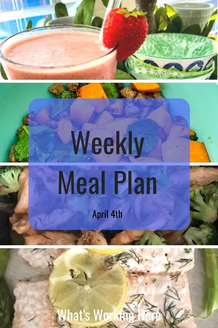 weekly meal plan- strawberry smoothie, sweet potato breakfast scramble, chicken broccoli stir fry, salmon