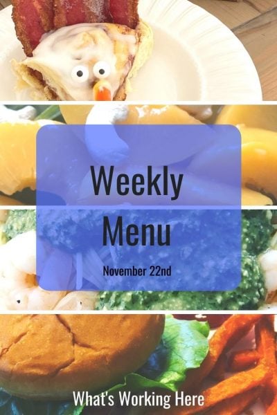 Weekly menu 11_22_20- turkey cinnamon rolls, peaches, shrimp pesto pasta, turkey burger and sweet potato fries