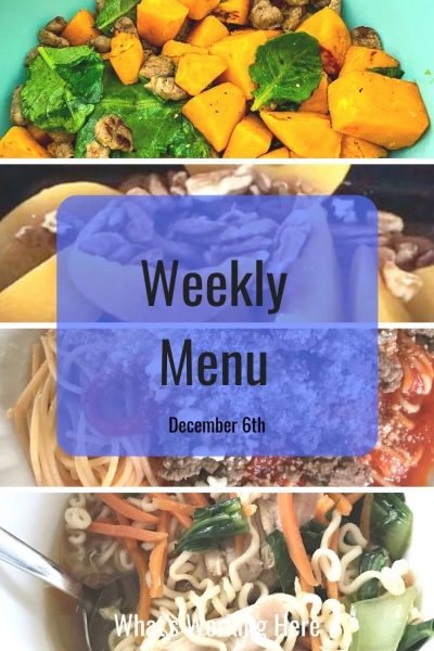 Weekly menu 12_6_20- breakfast scramble with sweet potatoes, kale, turkey sausage, peaches and pecans, spaghetti with meat sauce, ramen