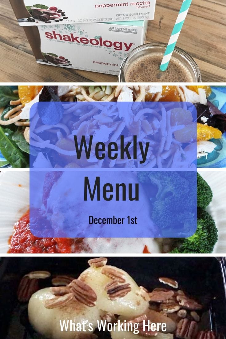 Weekly menu 12_8_19- Peppermint Mocha Shakeology, Chinese Chicken Salad, Chicken Parmesan, Pears & Pecans