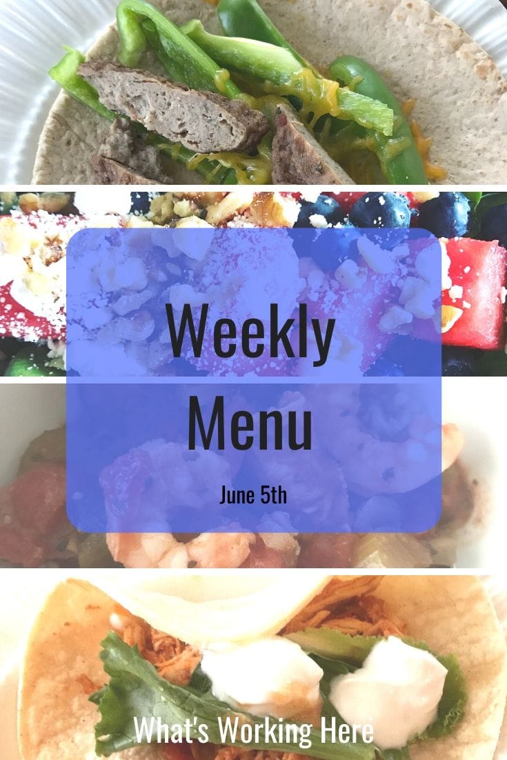 Weekly menu 7_5_20 - healthy slow cooker recipes- sausage & pepper breakfast wrap, watermelon salad, jambalaya, chicken tacos