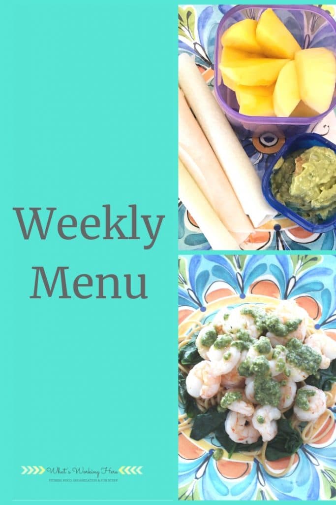Weekly menu- garden harvest meals - jicama tacos, guacamole, mango, shrimp & spinach pesto pasta