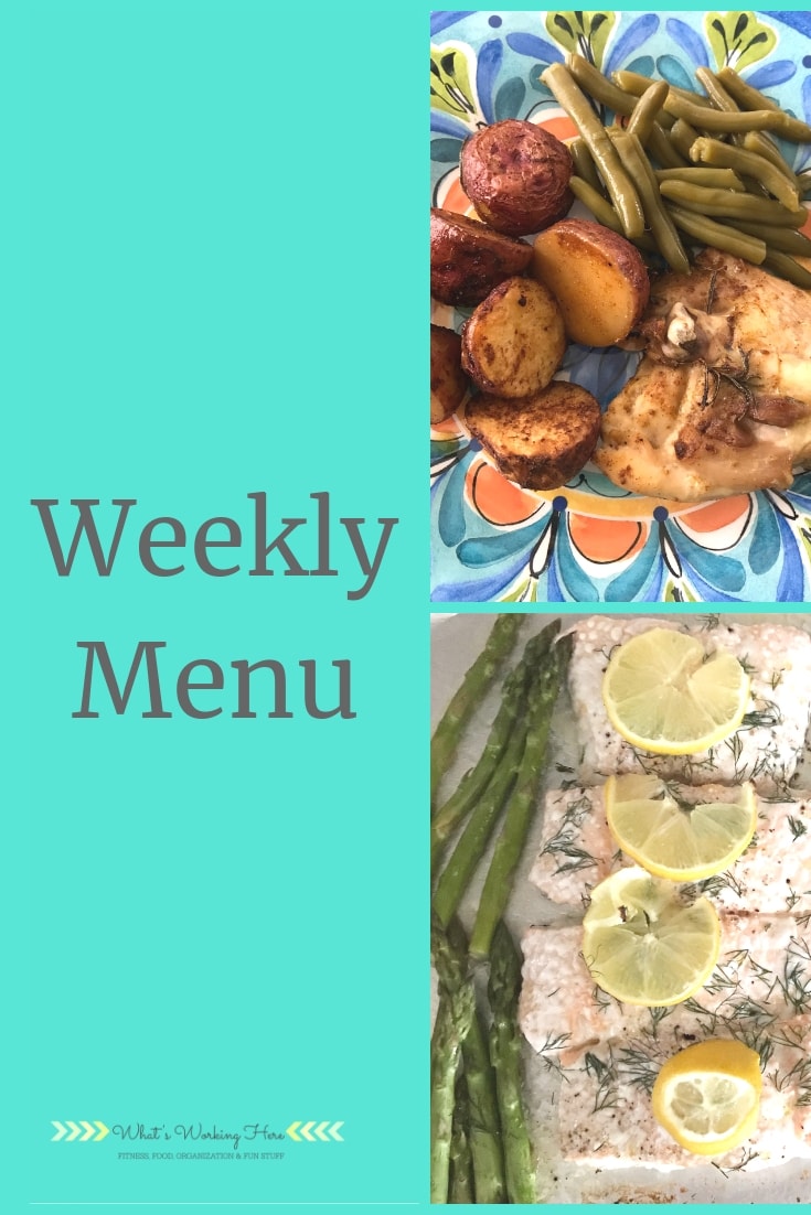 Weekly menu- sheet pan meals - rosemary chicken & potatoes, lemon dill salmon with asparagus