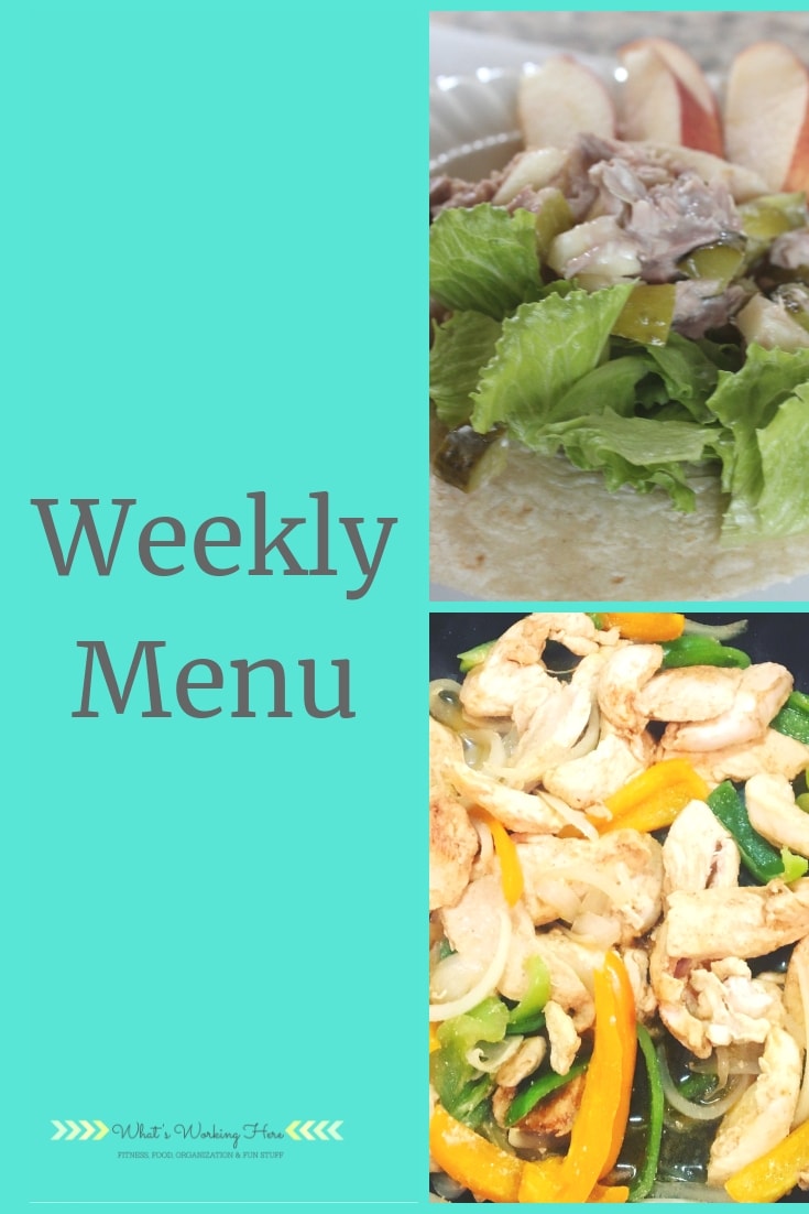 april 14 Weekly Menu - eat what you've got- tuna salad wrap with apples, chicken fajitas with bell peppers